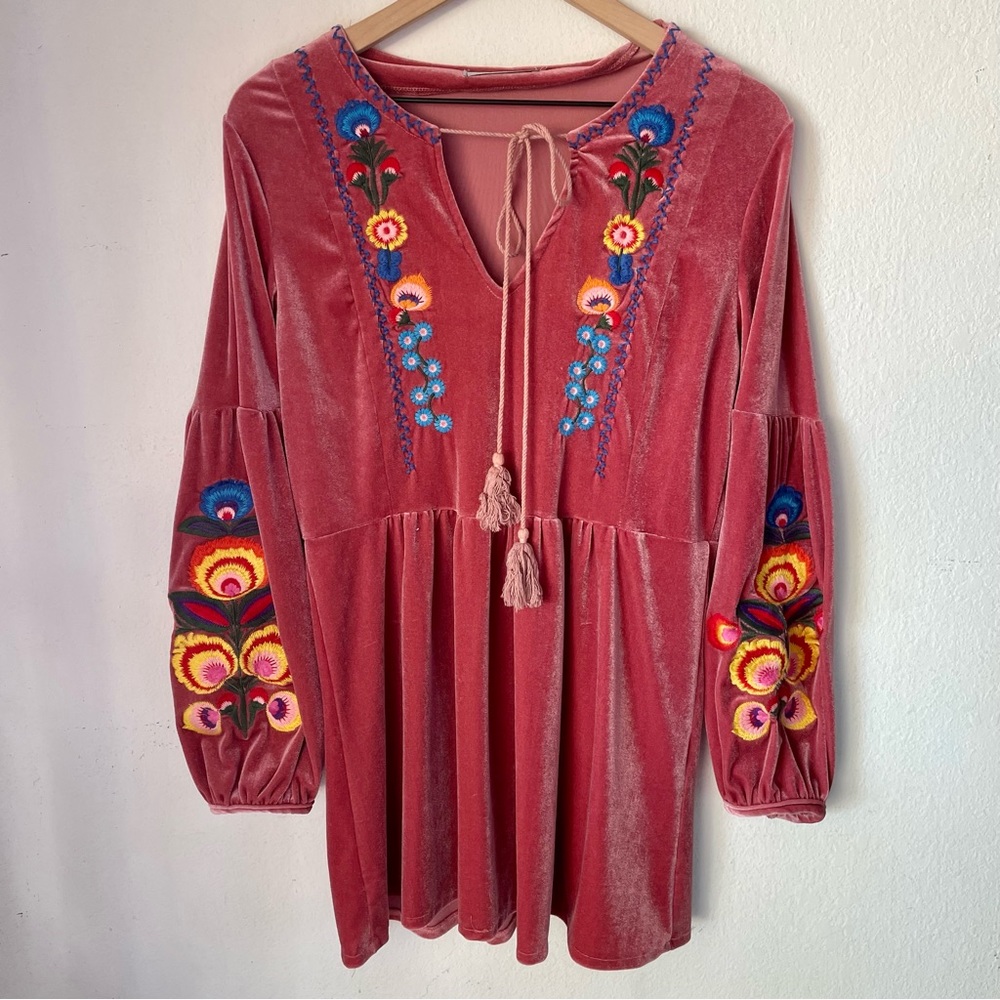 Misslook Velvet Boho Floral Embroidered Tunic Dress Pink Size Small